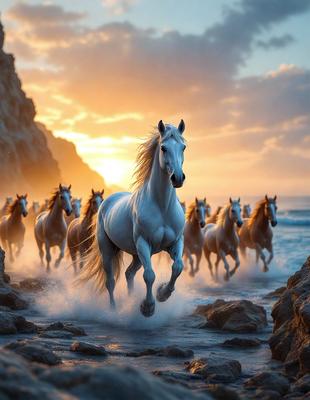 Primary subject: A white horse running on the beach.

Setting/background: The beach with a rocky cliff in the background.

Visual style: Digital art.

Colors and mood: The image is in color, with a vibrant and lively atmosphere. The white horse stands out against the beach and rocky cliff backdrop, creating a sense of freedom and energy.