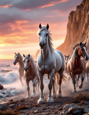 Primary subject: A group of horses running on a beach.

Setting/background: The beach is the main environment, with the ocean in the background.

Visual style: The image is a digital artwork, featuring a beautifully rendered scene of the horses running.

Colors and mood: The image has a warm and vibrant color palette, with the horses' white coats contrasting against the beach's natural colors. The overall atmosphere is energetic and dynamic, capturing the horses' freedom