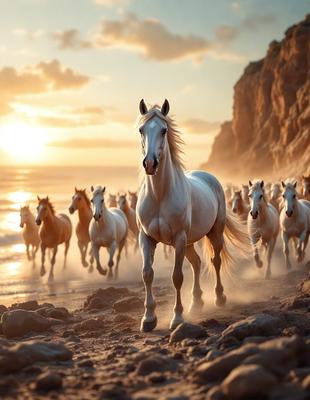 Primary subject: A white horse running on the beach.

Setting/background: The beach with sand and rocks.

Visual style: The image is a photo of the horse running on the beach.

Colors and mood: The image has a warm and vibrant color palette, with the white horse standing out against the sand and rocks. The overall atmosphere is energetic and dynamic, as the horse runs freely along the shoreline.