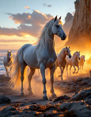 Primary subject: A group of horses running on a beach.

Setting/background: The beach is covered in sand, and there are rocks nearby. The sun is setting in the background, creating a beautiful and serene atmosphere.

Visual style: The image is a digital artwork, featuring a beautifully rendered scene of the horses running on the beach.

Colors and mood: The dominant colors in the image are shades of orange, yellow, and pink, which create a warm and inviting mood.