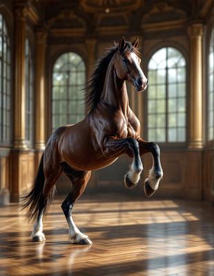Primary subject: A brown horse with a white foot standing in a room.

Setting/background: The horse is standing in a room with a wooden floor and a window in the background.

Visual style: The image is a photo of the horse.

Colors and mood: The horse has a brown coat with a white foot, and the room has a warm and inviting atmosphere.