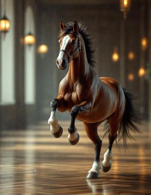 The primary subject of the image is a brown horse with a white face, standing in a room with a wooden floor. The horse appears to be running or galloping, creating a dynamic and energetic scene. The setting is indoors, with a wall visible in the background. The visual style of the image is a combination of photo and digital art, creating a realistic yet artistic representation of the horse. The colors in the image are predominantly brown and white, with a hint of black, giving the scene a warm