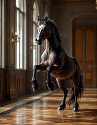 Primary subject: A brown horse with black hair and a white nose, standing in a room with a wooden floor.

Setting/background: The horse is standing in a room with a wooden floor, and there are windows in the background.

Visual style: The image is a photo of the horse in the room.

Colors and mood: The horse has brown and black fur, and the wooden floor adds a warm and natural tone to the scene. The overall atmosphere is calm and serene.