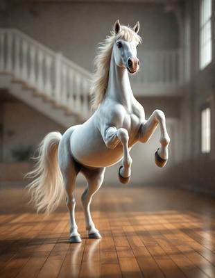 The primary subject of the image is a white horse with a flowing mane, standing on a wooden floor. The horse appears to be in motion, possibly running or galloping. The setting is indoors, with a staircase visible in the background. The visual style of the image is digital art, as it is a detailed and well-rendered depiction of the horse. The colors and mood of the image are predominantly warm and inviting, with the white horse and wooden floor creating a sense of eleg