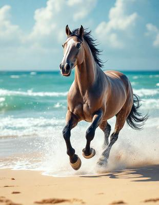 Primary subject: A brown horse running on the beach.

Setting/background: The beach with the ocean in the background.

Visual style: The image is a photo of the horse running on the beach.

Colors and mood: The image has a vibrant and energetic atmosphere, with the brown horse and the blue ocean creating a sense of freedom and movement.