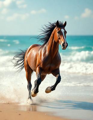 Primary subject: A brown horse running on the beach.

Setting/background: The beach, with the ocean in the background.

Visual style: The image is a photo of the horse running on the beach.

Colors and mood: The image has a warm and vibrant color palette, with the brown horse and the blue ocean creating a lively and dynamic scene.