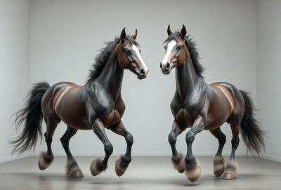 The primary subject of the image is two horses standing next to each other. They are positioned in a white room, which serves as the setting for the scene. The visual style of the image is a photo, capturing the horses in their natural environment. The colors and mood of the image are predominantly black and white, giving it a classic and timeless appearance.