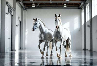 The primary subject of the image is a pair of white horses standing in a large, white room. The setting appears to be a warehouse or a similar indoor space. The visual style of the image is a photo, capturing the horses in their natural environment. The colors and mood of the image are predominantly white, giving it a clean and minimalist appearance.