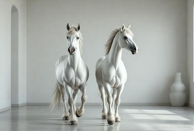 The primary subject of the image is two white horses standing next to each other in a white room. The setting appears to be a studio or a controlled environment, as the horses are standing on a white floor. The visual style of the image is a photo, capturing the horses in their natural form. The colors and mood of the image are predominantly white, giving it a clean and minimalist appearance.