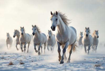Primary subject: A white horse running in the snow.

Setting/background: The horse is running in a snowy field, with a white sky in the background.

Visual style: The image is a photo of the horse running in the snow.

Colors and mood: The dominant colors are white and gray, with a cold and snowy atmosphere.