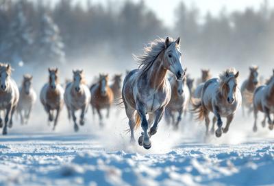 The primary subject of the image is a horse running through the snow. The setting is a snowy field, and the visual style appears to be a photo. The horse is the main focus of the image, and the dominant colors are white and gray, creating a cold and wintry atmosphere.