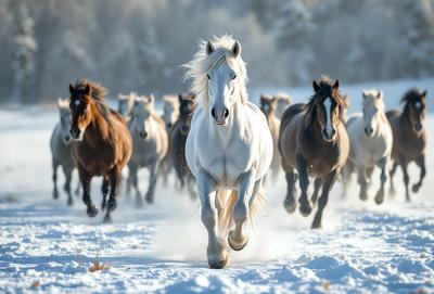 The primary subject of the image is a white horse running through a snowy field. The horse is the main focus of the scene, and it appears to be galloping or running with its mane flying in the wind. The setting is a snowy field, and the visual style is a photo. The dominant colors in the image are white, gray, and brown, creating a cold and wintry atmosphere.