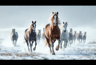 Primary subject: Horses
Setting/background: Snowy field
Visual style: Photo
Colors and mood: White and brown, with a snowy atmosphere
