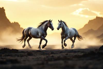 Primary subject: Two horses running on a dirt road.

Setting/background: The horses are running on a dirt road, with a mountain in the background.

Visual style: The image is a photo of the two horses running.

Colors and mood: The image has a warm and dynamic color palette, with the horses' coats and the dirt road creating a sense of motion and energy.