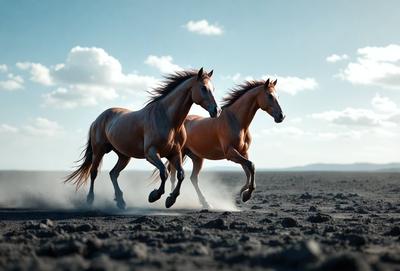 Primary subject: Two brown horses running on a dirt field.

Setting/background: The horses are running on a dirt field, with a cloudy sky in the background.

Visual style: The image is a black and white photo.

Colors and mood: The dominant colors are brown and black, creating a dramatic and dynamic mood.