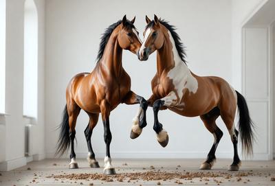 The primary subject of the image is two brown and white horses standing next to each other. They are positioned in a white room, which serves as the setting for the scene. The visual style of the image is a photo, capturing the horses in their natural environment. The colors and mood of the image are predominantly brown and white, creating a calm and serene atmosphere.