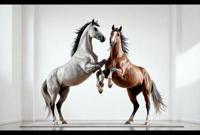 The primary subject of the image is a pair of horses standing next to each other in a white room. The setting appears to be a studio or a controlled environment, as the horses are positioned in front of a white wall. The visual style of the image is a combination of photo and digital art, creating a unique and artistic representation of the horses. The colors in the image are predominantly white, giving the scene a clean and minimalist appearance. The overall atmosphere of the image is calm and serene, as the horses seem to
