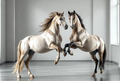 The primary subject of the image is two horses standing next to each other in a white room. The setting appears to be a studio or a controlled environment, as the horses are posed for a picture. The visual style of the image is a photo, capturing the horses in their natural form. The colors in the image are predominantly white, giving the scene a clean and minimalist appearance. The overall mood of the image is calm and focused, as the horses are the main subjects and the background is simple and uncluttered