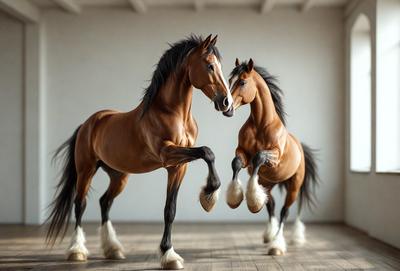 The primary subject of the image is two brown horses standing next to each other in a white room. The setting appears to be a studio or a controlled environment, as the horses are standing on a wooden floor. The visual style of the image is a photo, capturing the horses in their natural form. The colors in the image are predominantly brown and white, creating a warm and natural atmosphere.