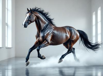 Primary subject: A horse running on a white surface.

Setting/background: The horse is running on a white surface, which could be a white wall or a white floor.

Visual style: The image is a digital art or illustration of a horse running.

Colors and mood: The image has a black and white color scheme, giving it a classic and timeless feel. The horse's movement and the white surface create a sense of speed and energy.