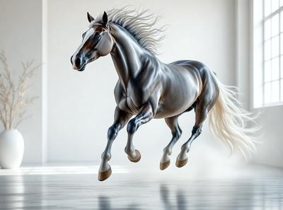 Primary subject: A horse with a flowing mane and tail, captured in mid-air.

Setting/background: A white room with a wooden floor.

Visual style: Digital art.

Colors and mood: The horse is depicted in a silver color, giving it a shiny and elegant appearance. The overall atmosphere is dynamic and energetic, as the horse is captured in motion.