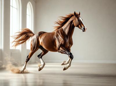 Primary subject: A brown horse with a white face and tail, running in a white room.

Setting/background: The horse is running in a white room, which appears to be a large, open space.

Visual style: The image is a photo of the horse in motion.

Colors and mood: The dominant colors are white and brown, with the white room creating a clean and minimalist atmosphere.