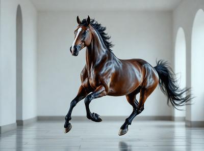 Primary subject: A brown horse with a black mane and tail, running in a white room.

Setting/background: The horse is running in a white room, which appears to be a large, empty space.

Visual style: The image is a digital art or illustration of a horse running in a white room.

Colors and mood: The dominant colors are white and brown, with the horse's mane and tail being black. The overall atmosphere is energetic and dynamic, as the horse appears