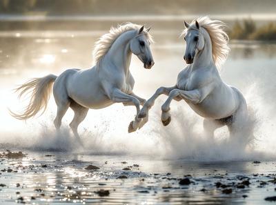 The primary subject of the image is two white horses running through the water. They are in motion, with one horse slightly ahead of the other. The setting is a body of water, possibly a lake or a river, with the horses running through it. The visual style of the image is a photo, capturing the horses in their natural environment. The colors and mood of the image are dominated by the white horses, which create a sense of motion and energy.