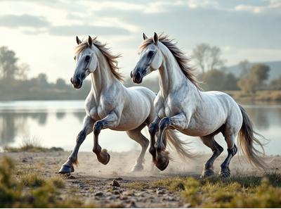 The primary subject of the image is two horses running together in a field. They are the main focus of the scene, and their movement and interaction with each other create a dynamic and lively atmosphere. The setting is a grassy field near a body of water, which adds to the natural and serene environment. The visual style of the image is a photo, capturing the horses in their natural habitat. The colors and mood of the image are predominantly warm and vibrant, with the horses' white coats contrasting against