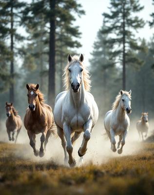 Primary subject: White horse running in a field.
Setting/background: A forest with trees in the background.
Visual style: A photo of a white horse running in a field.
Colors and mood: The photo is in black and white, giving it a classic and timeless feel.