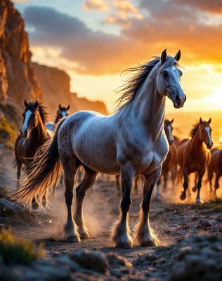 Primary subject: A white horse with a flowing mane.

Setting/background: A rocky hillside with a beautiful sunset in the background.

Visual style: A photo of the horse and its surroundings.

Colors and mood: The image is in color, with warm hues from the sunset creating a serene and picturesque atmosphere.
