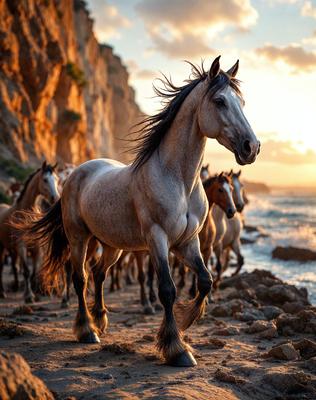 Primary subject: A brown horse with a flowing mane.

Setting/background: A rocky cliff overlooking the ocean.

Visual style: A photo of the horse and its surroundings.

Colors and mood: The image has a warm and natural color palette, with the horse's brown coat and the ocean's blue and white hues. The mood of the image is serene and captivating, as the horse stands on the cliff overlooking the ocean.