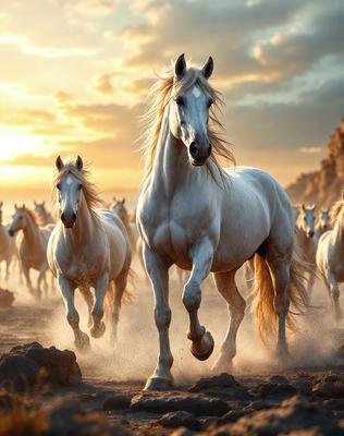Primary subject: A white horse running in a field.

Setting/background: The horse is running in a field with a rocky surface.

Visual style: The image is a photo of the horse in motion.

Colors and mood: The image has a warm and natural color palette, with the white horse standing out against the rocky background.