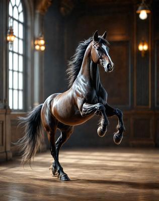 Primary subject: A horse
Setting/background: A room with a window and a wooden wall
Visual style: A photo
Colors and mood: The horse is brown, and the overall atmosphere is dynamic and energetic.