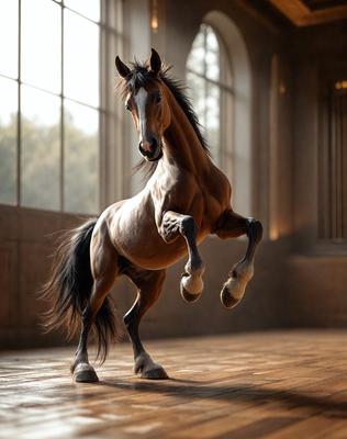 Primary subject: A brown horse with a black mane and tail, standing on a wooden floor.

Setting/background: The horse is standing in front of a window, which provides a natural light source.

Visual style: The image is a photo of the horse in motion.

Colors and mood: The horse's brown coat and black mane and tail create a warm and earthy atmosphere. The wooden floor adds a natural and rustic touch to the scene.