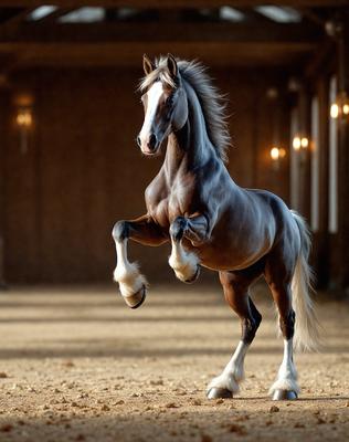 Primary subject: A brown and white horse with a white stripe on its face, standing in a dirt-covered area.

Setting/background: The horse is standing in a dirt-covered area, possibly a stable or a corral.

Visual style: The image is a photo of the horse.

Colors and mood: The horse has a brown and white coat, and the overall atmosphere of the image is calm and focused on the horse.