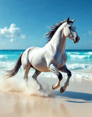 Primary subject: A white horse running on the beach.

Setting/background: The beach with the ocean in the background.

Visual style: The image is a photo of the horse running on the beach.

Colors and mood: The image has a vibrant and lively atmosphere, with the white horse standing out against the blue ocean and sandy beach.