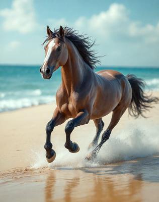 Primary subject: A brown horse running on the beach.

Setting/background: The beach, with the ocean in the background.

Visual style: The image is a photo of the horse running on the beach.

Colors and mood: The horse is brown, and the overall atmosphere is energetic and dynamic, as the horse is running along the shoreline.