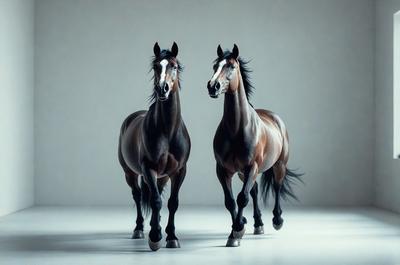 The primary subject of the image is two horses walking side by side. They are the main focus of the scene, and their presence creates a sense of companionship and harmony. The setting is a white background, which provides a clean and minimalist environment for the horses. The visual style of the image is a black and white photo, which adds a timeless and classic quality to the scene. The colors and mood of the image are predominantly black and white, creating a sense of elegance and grace.