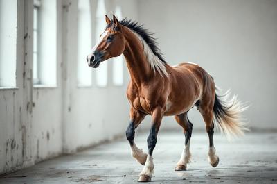 Primary subject: A brown and white horse with a black mane and tail.

Setting/background: The horse is standing in a white room, possibly a barn or a stable.

Visual style: The image is a black and white photo.

Colors and mood: The dominant colors are white and brown, with the black mane and tail adding contrast. The overall atmosphere is calm and serene.