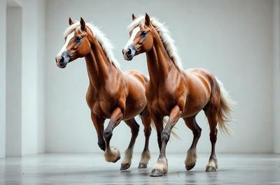 The primary subject of the image is two brown horses standing next to each other. They are the main focus of the scene. The setting is a large, open space, possibly a corral or a field. The visual style of the image is a photo, capturing the horses in their natural environment. The colors in the image are predominantly brown, giving the scene a warm and natural atmosphere.