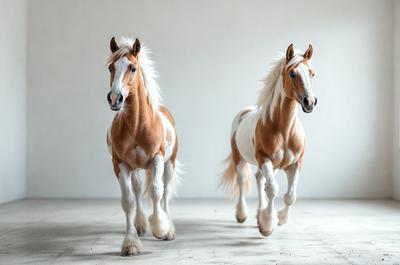 The primary subject of the image is two brown and white horses running side by side. They are the main focus of the scene, and their movement and interaction with each other create a dynamic and lively atmosphere. The setting is a white wall, which serves as a clean and uncluttered backdrop for the horses. The visual style of the image is a photo, capturing the horses in their natural environment. The colors and mood of the image are energetic and vibrant, with the brown and white horses standing out against