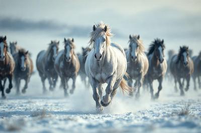 Primary subject: A white horse running in the snow.

Setting/background: The horse is running through a snowy field, with a mountainous background.

Visual style: The image is a photo of the horse in motion.

Colors and mood: The dominant colors are white and gray, with a cold and snowy atmosphere.