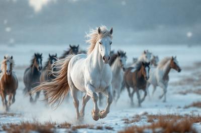 Primary subject: A white horse running in a field.

Setting/background: The horse is running in a snowy field, with a misty atmosphere.

Visual style: The image is a photo of the horse in motion.

Colors and mood: The dominant colors are white and gray, with a cold and misty mood.