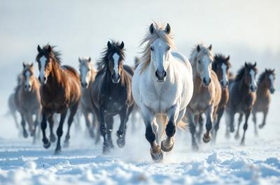 The primary subject of the image is a white horse running through a snowy field. The horse is the main focus of the scene, and it appears to be galloping with its mane flying in the wind. The setting is a snowy field, and the visual style is a photo. The dominant colors in the image are white, gray, and black, creating a cold and wintry atmosphere.