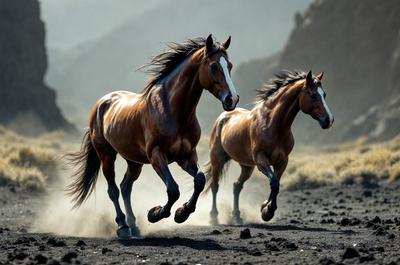 Primary subject: Two brown horses running on a dirt road.

Setting/background: The horses are running on a dirt road, with a mountainous background.

Visual style: The image is a photo of the two horses running.

Colors and mood: The image has a warm and natural color palette, with the horses' brown coats and the dirt road's earthy tones. The overall atmosphere is energetic and dynamic, as the horses are in motion.