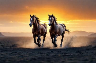 Primary subject: Two brown horses running on a dirt road.

Setting/background: The horses are running on a dirt road, with a sunset in the background.

Visual style: The image is a photo of the two horses running.

Colors and mood: The dominant colors are brown and orange, with a warm and energetic atmosphere.