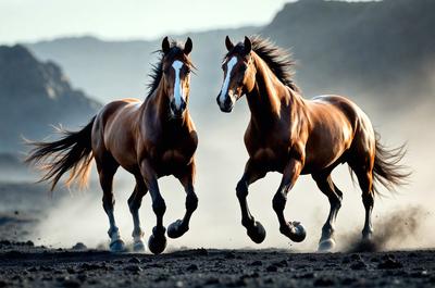 Primary subject: Two brown horses running on a dirt road.

Setting/background: The horses are running on a dirt road, with a mountainous background.

Visual style: The image is a photo of the two horses running.

Colors and mood: The image has a warm and natural color palette, with the brown horses and the dirt road creating a sense of movement and energy.
