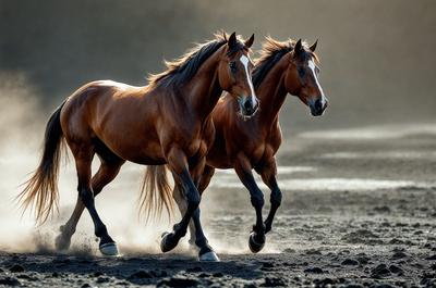 The primary subject of the image is two brown horses running together on a dirt ground. The setting is a natural environment, with the horses running freely in the open space. The visual style of the image is a photo, capturing the horses in motion. The colors and mood of the image are warm and energetic, as the horses are in motion and the dirt ground adds a sense of earthiness to the scene.