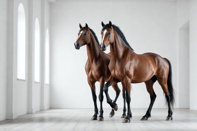 Primary subject: Two brown horses standing next to each other.

Setting/background: A white wall serves as the backdrop for the horses.

Visual style: The image is a photo of the two horses.

Colors and mood: The horses are brown, and the overall atmosphere is calm and serene.